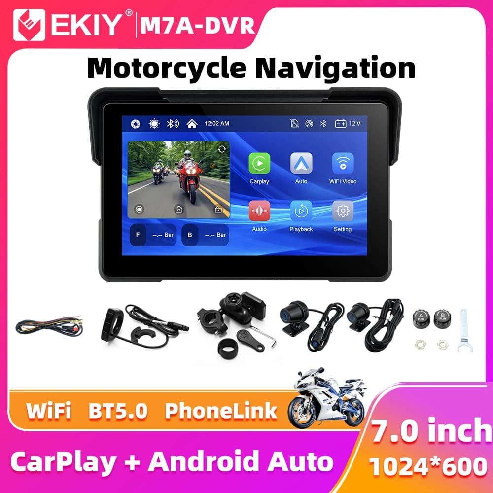 EKIY 7.0" Wireless CarPlay Moto Android Auto Portable Digital Dashboard GPS Motorcycle Navigation Display Screen TPMS Dashcam