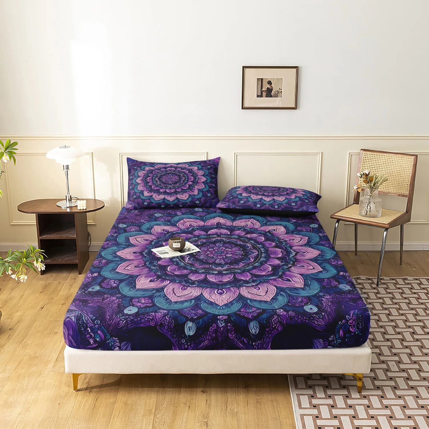 Purple Teal Mandala Flower Print 3 Pieces Fitted Sheet Set, Bohemian Psychedelic Floral Mandala Feather Print Bedding
