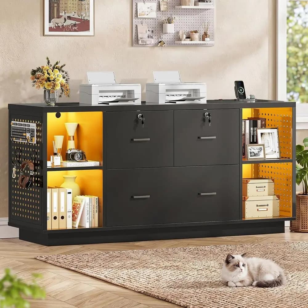 55" ile Cabinet with Lock, Large 3 Ders iling Cabior Home Oice, Lockable Printer Stand with Storage, Power Strip, LED Light & Pe