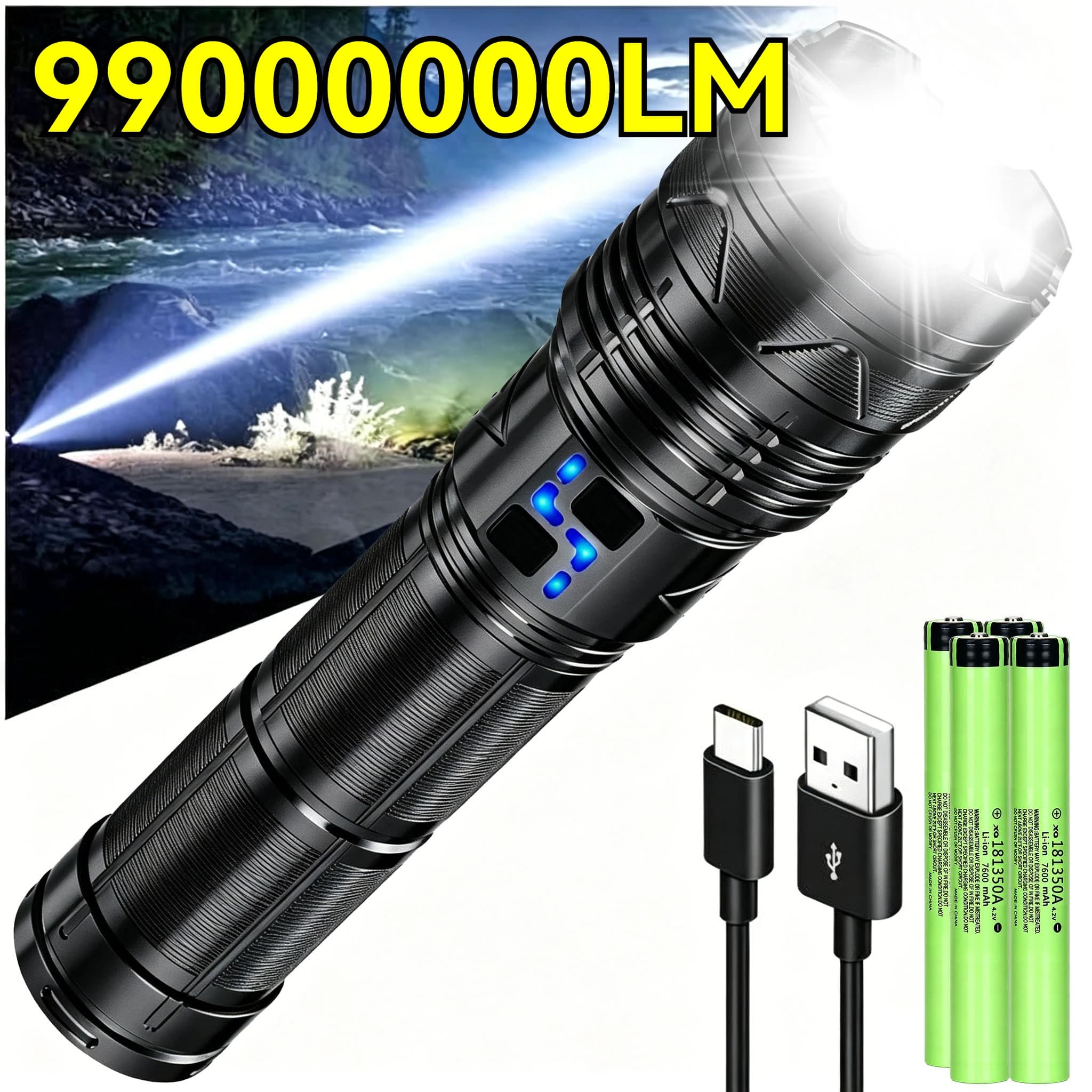 99000000LM Super Bright LED Flashlight 100W GT60 Long Range Powerful Torch Type-c Rechargeable Outdoor Flashlight Power Display