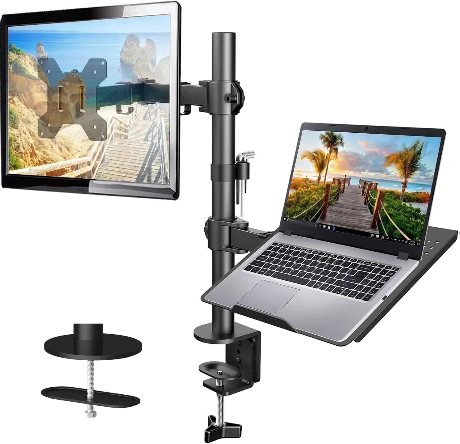 Adjustable Monitor Arm with Laptop Tray, Single Desk Mount for 13-32" VESA Monitors up to 22 lbs, 14"x12" Laptop Tray