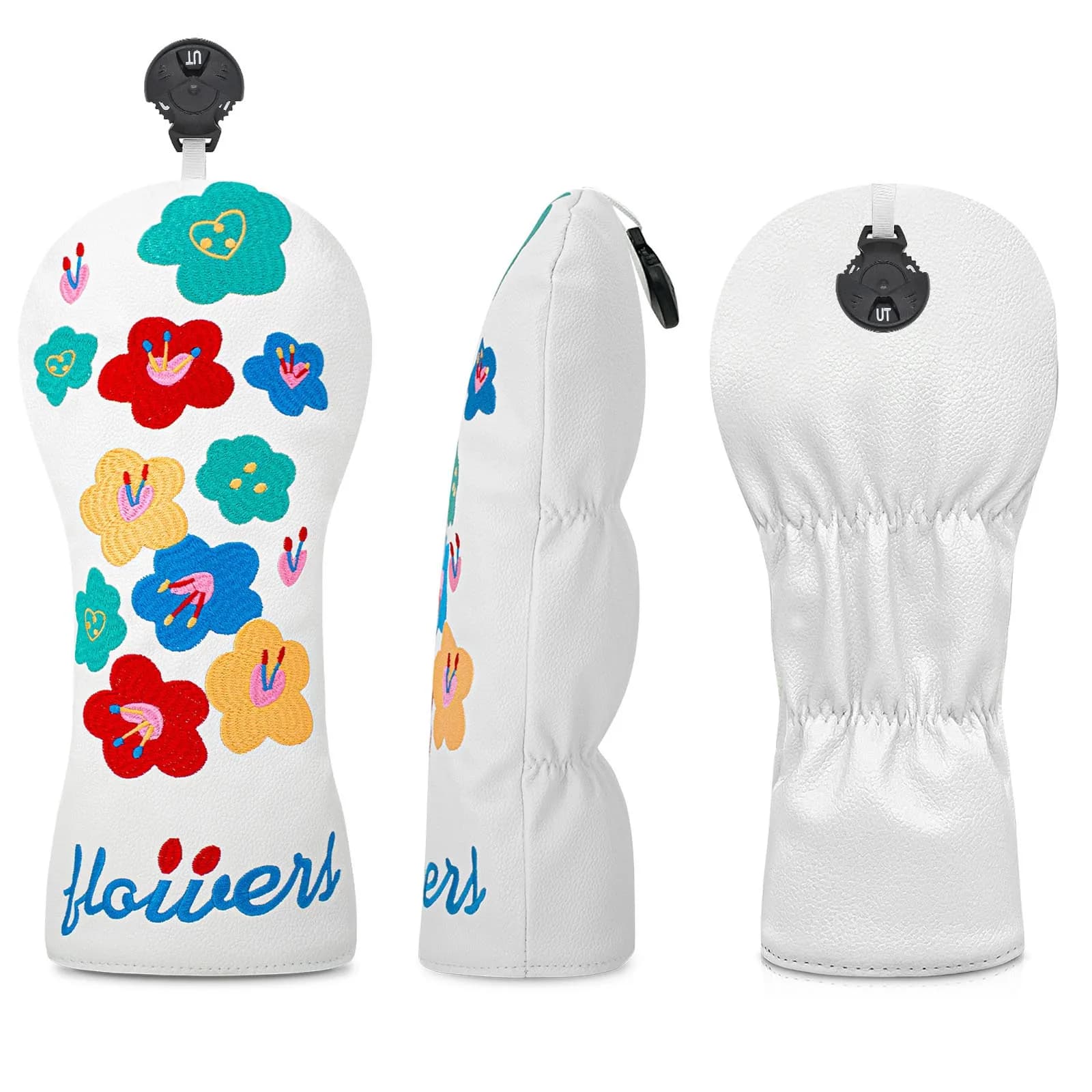 Flower Embroidery Water Resistant PU Leather Golf Club Head Cover Elastic Band Headcover with Velvet Lining for Golfing Training