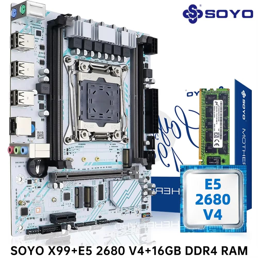 SOYO X99 Motherboard LGA 2011-3 Set Kit Xeon E5 2680 V4 CPU Processor 16G=1*16G DDR4 REG ECC RAM Memory M.2 NAME For Computer