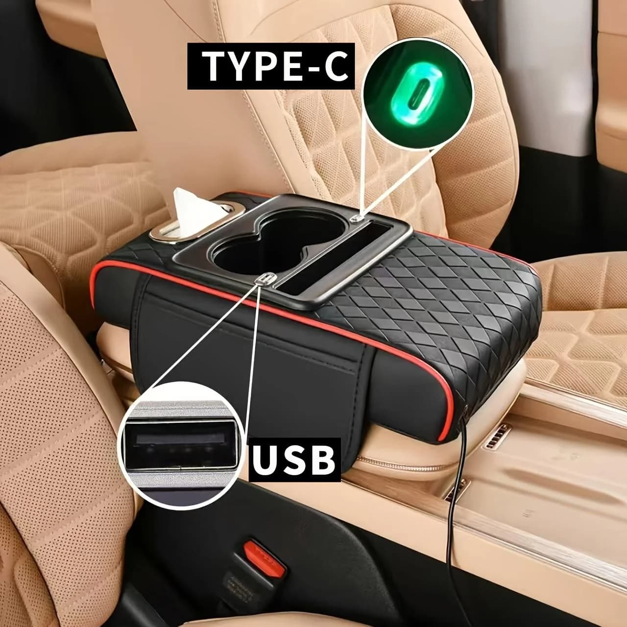 1 Car Armrest Box with Usb+Type-C Interface, Multi-Color, Universal, All-In-One, Comes with a Pack of Tissues