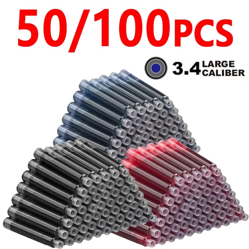 50/100pcs Fountain Pen Ink Cartridges Black Blue Red Color Set of 3.4 mm Refill Ink Cartridges Bore Diameter High Quality