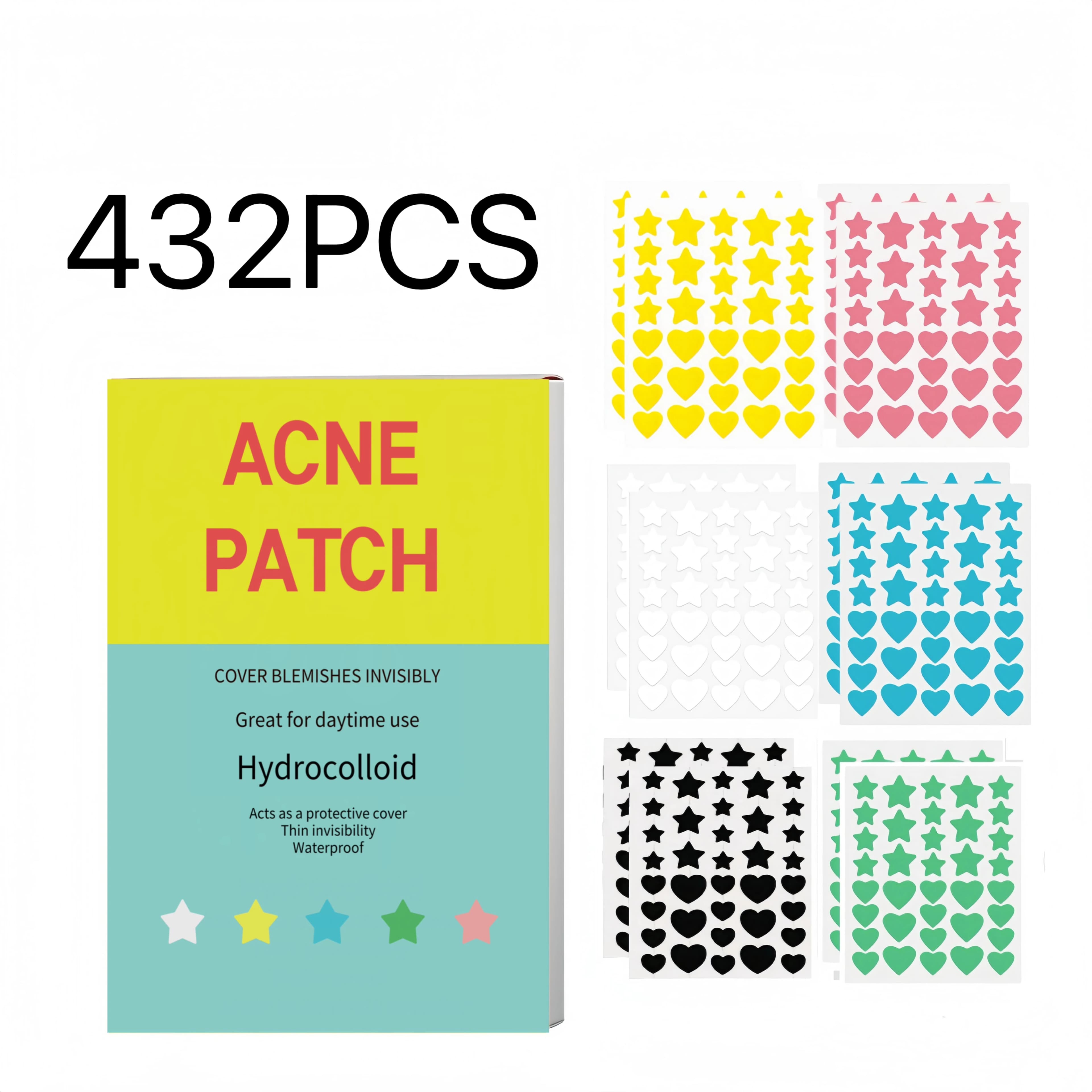 432Pcs Hydrocolloid Mixed Star Heart Acne Patches Waterproof Ultra Thin Invisible Pimple Blemish Spot Cover Facial Skin Care Sti