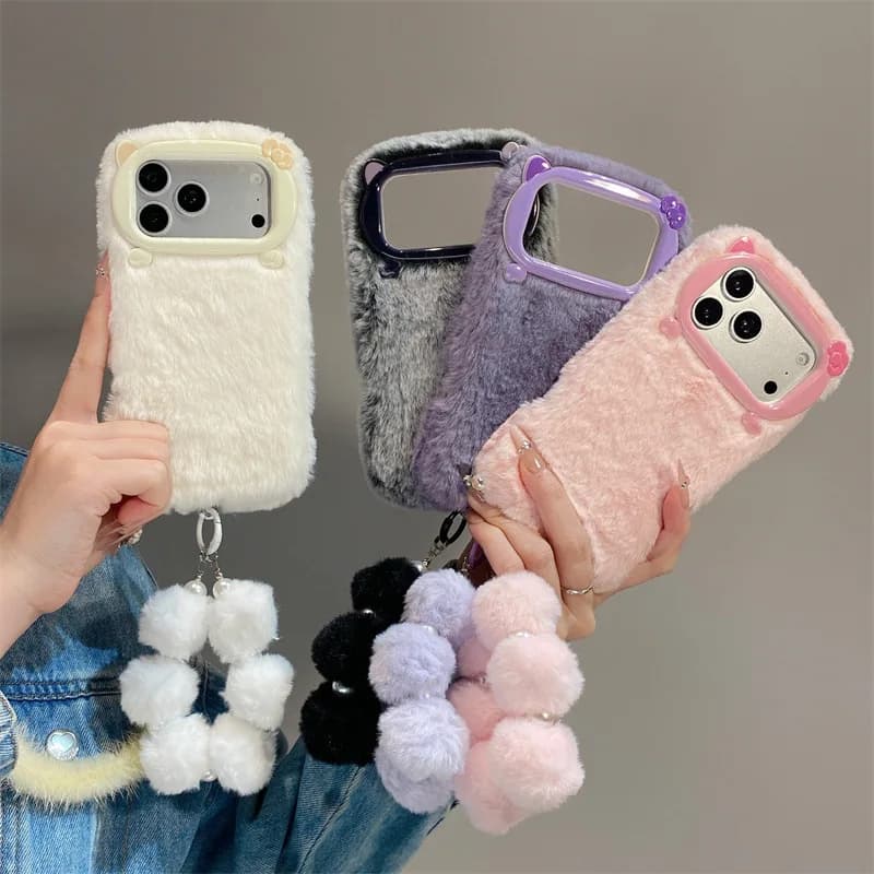 Luxury Solid Colors Furry Plush Phone Case For iPhone 17 Air 16 15 14 12 13 11 Pro Max With Lanyard Shockproof Protective Cover