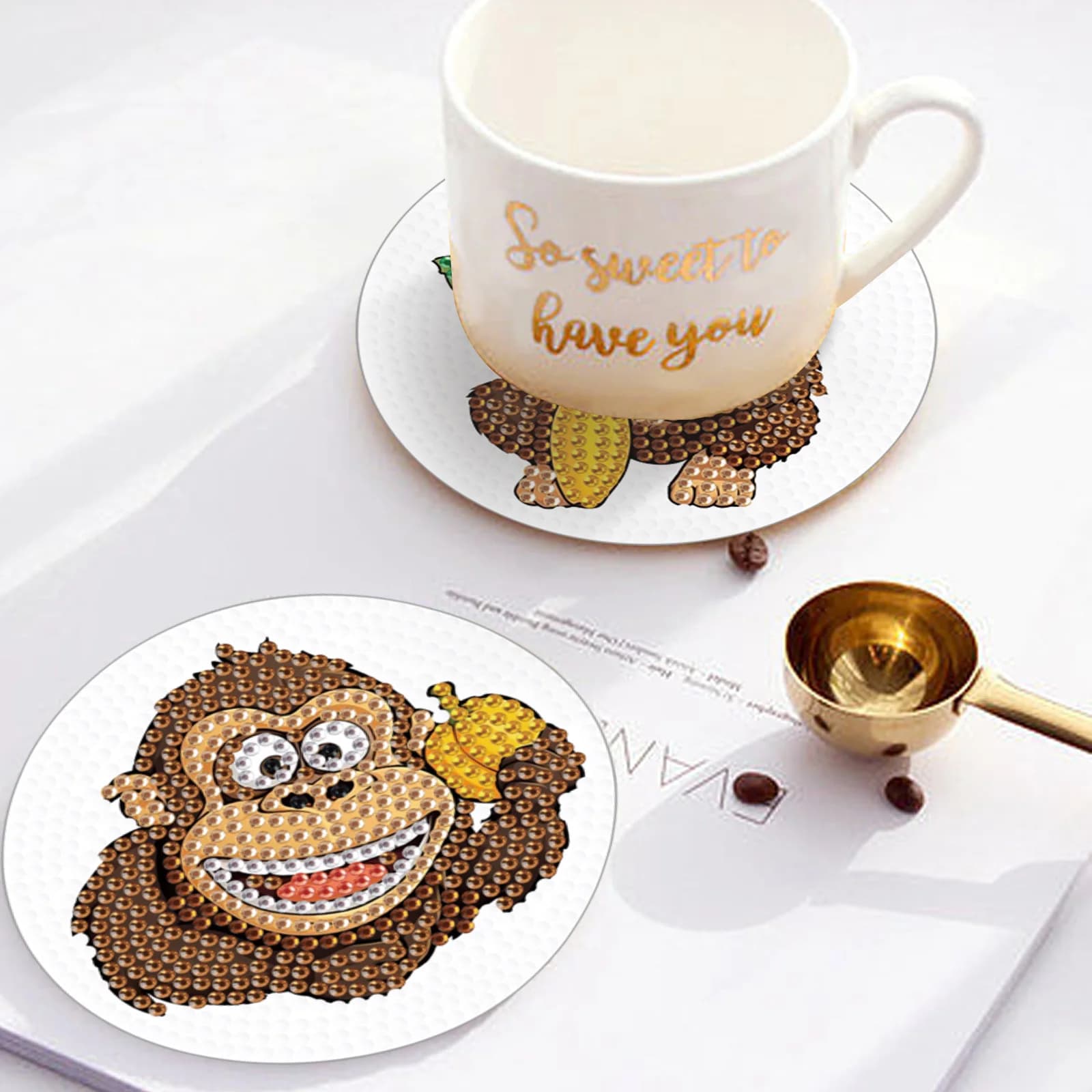 4PCS Diamond Painting Coasters Kits for Adults,Cute monkeys Diamond Painting tablemat with Holder for Desk Cup mat decor Gift