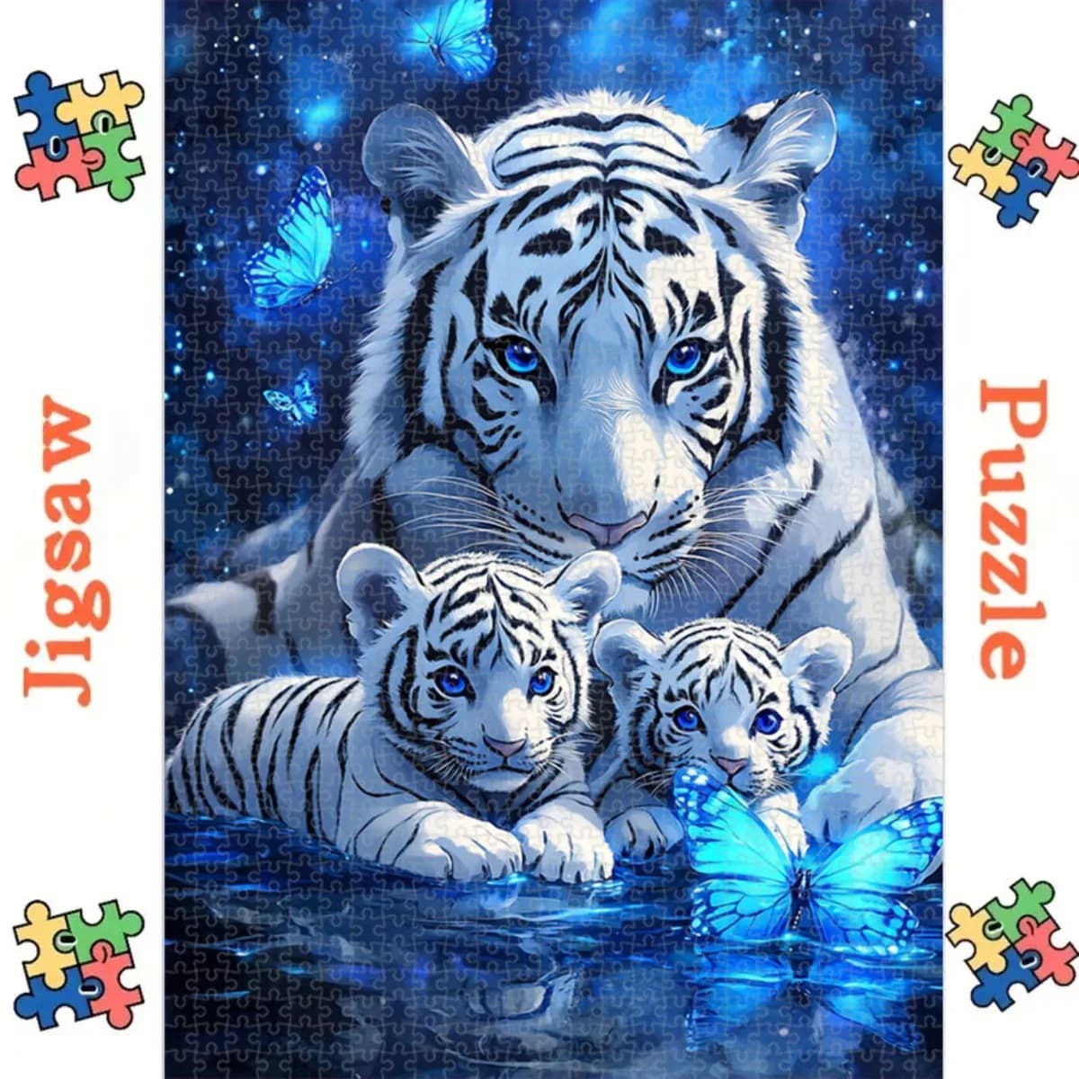 A 1, 000pcs of Puzzleshalloween Decorative Puzzle for Living Room White Tiger Family Design Blue Glow Effect 1000pcs Jigsaw Pu