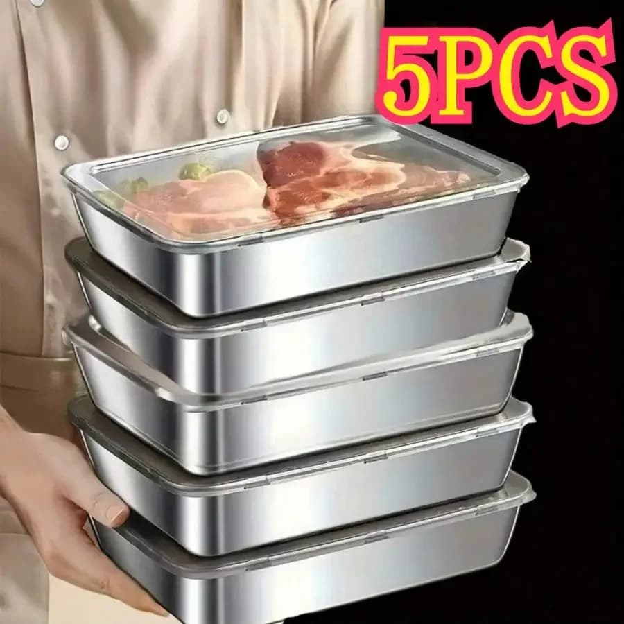 3/5-Piece Set Of High-Quality Leak Proof Stainless Steel Food Storage Containers - Made Of 410 Heavy-Duty Stainless Steel Material, Reusable And Stackable With Sealed Lids For Freshness Preservation, Suitable For Salad, Fruit, Meat, And Vegetable Storage