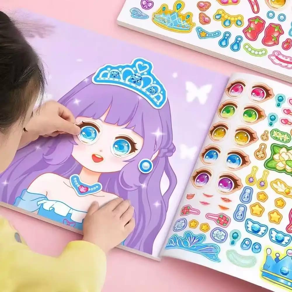 Stickers Book Handicrafts Creative Kids Stickers 15 Pages Toy Puzzle Reusable for Girls Cartoon Princess Make A Face Stickers