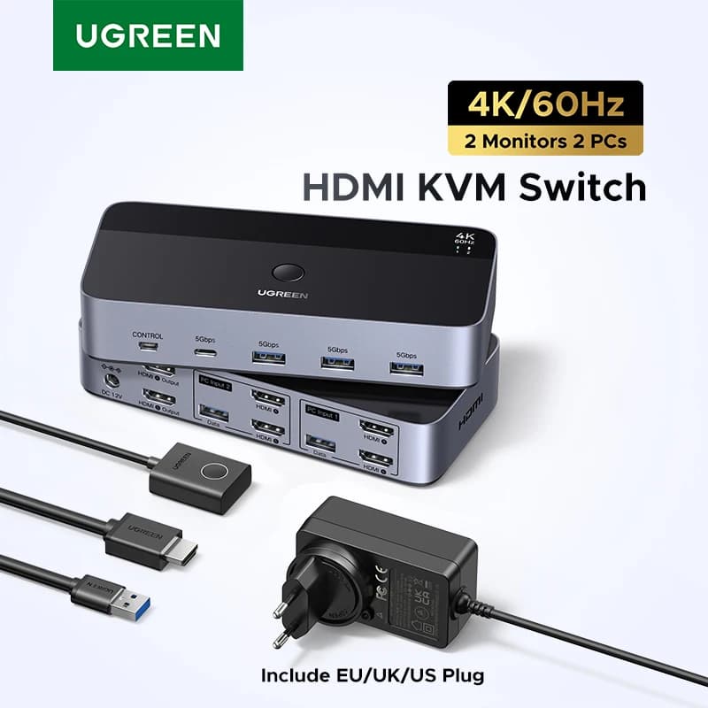 UGREEN HDMI KVM Switch for 2 Monitor 2 PCs 4K 8K 60Hz USB C USB 3.0 Sharing Monitor Keyboard Mouse Printer with HDR 3D Support