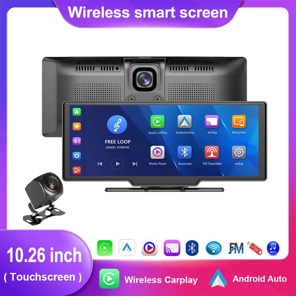 DVR 10.26 in For Car Universal 4K Dash Cam Wireless Carplay & Android Auto GPS Navigation Video Recorder Dashboard Car DVR