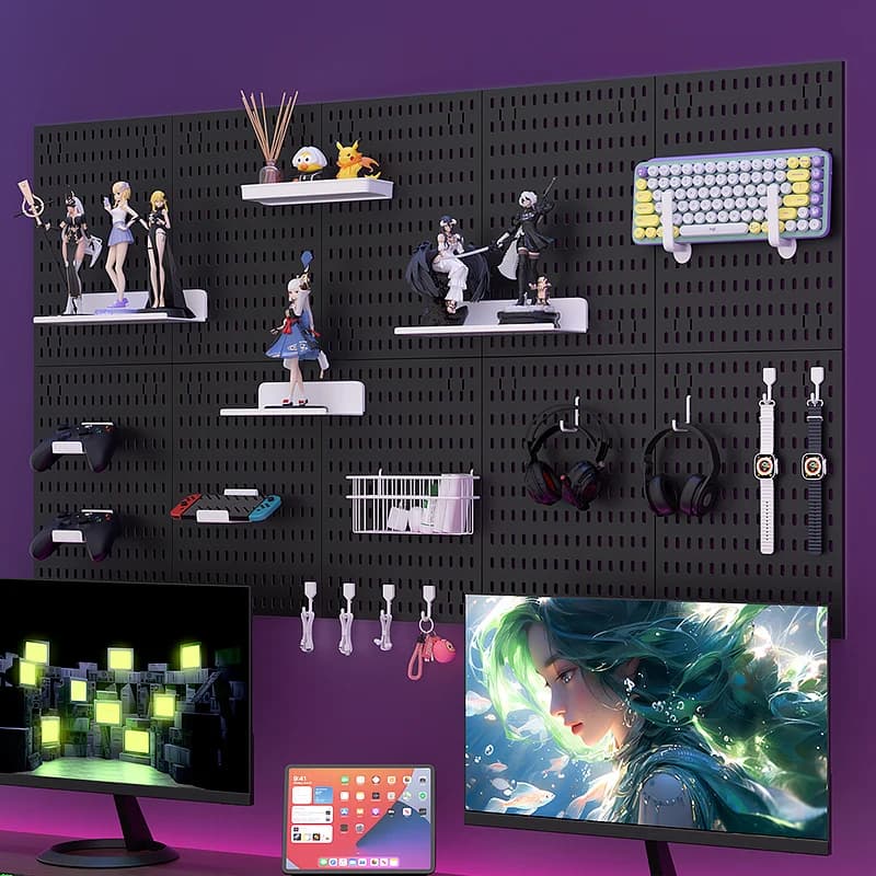 Adhesive Pegboard Shelf for Gaming – No-Drill Mount Holds Mouse/Keyboard/Headphone Hooks, Perfect Room Setup & Decor