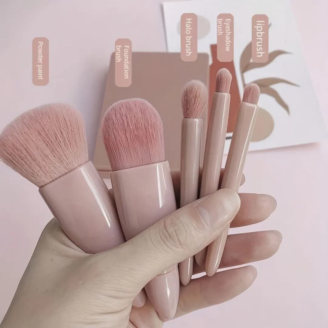 Mini Makeup Brush Set with Mirror, 5Pcs Soft Bristle Cosmetic Brushes, Portable Pink Beauty Tool for Blush Eyeshadow Foundation