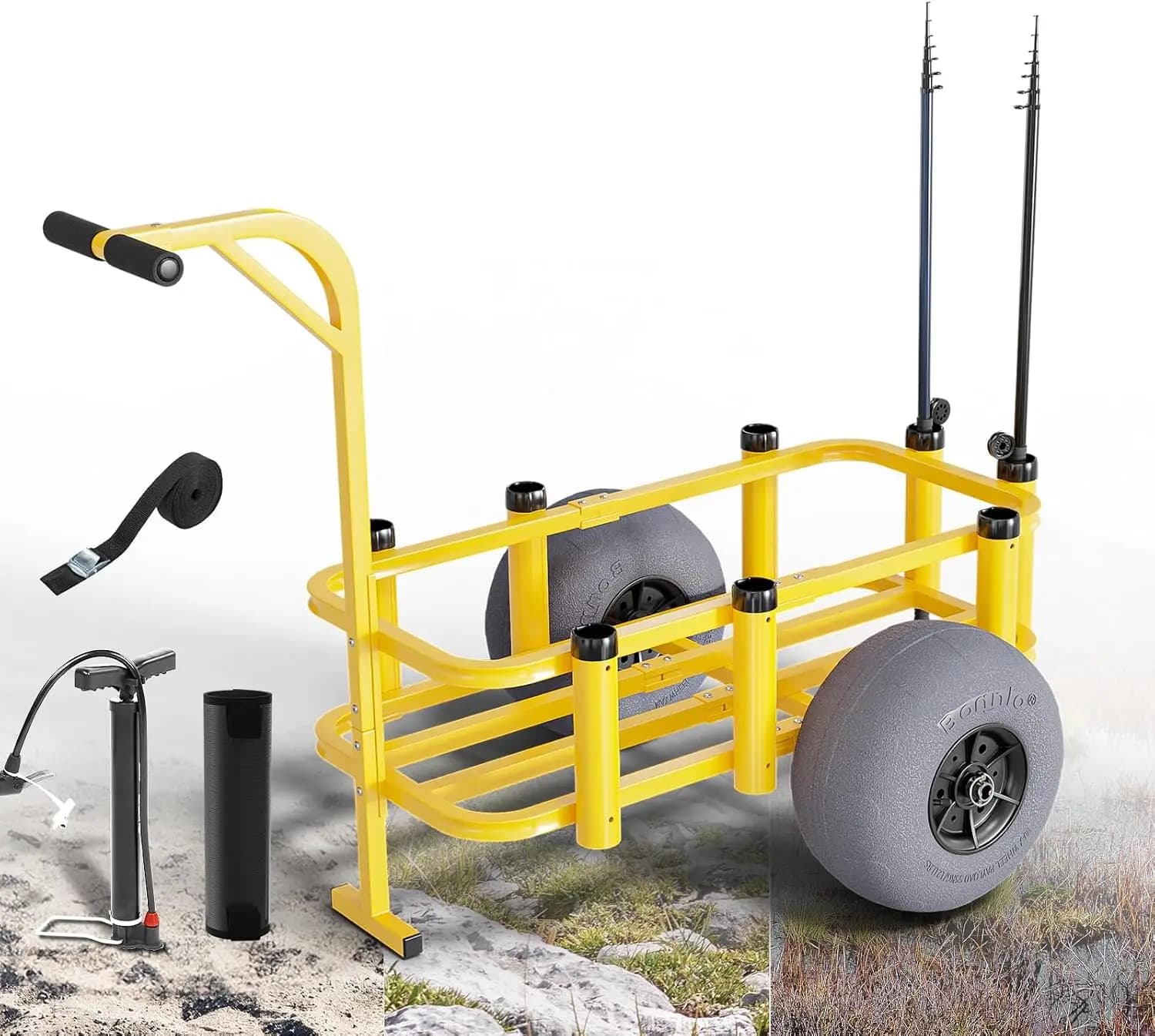 Rolling Fishing Cart Outdoor Beach Wagon With Big Wheels For Sand, Heavy Duty Utility Pier Cart With Eight Fishing Rod Holders, Portable Mesh Bag Hand Pump Included, Silver