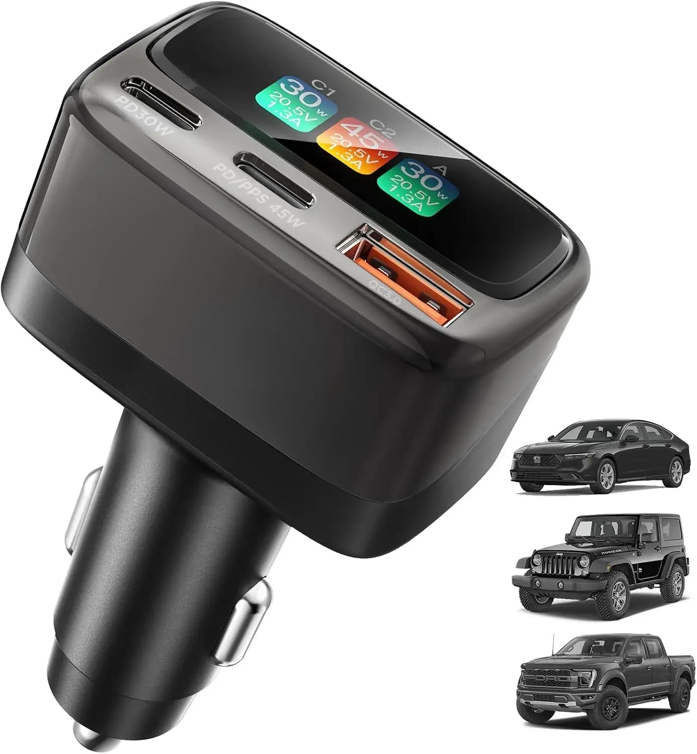 105W USB C Car Charger with Digital Color Display, 3-Port Fast Charging Cigarette Lighter Adapter for iPhone 17/16/15 Pro Max, Samsung S26, Travel Car Accessories Gifts for Men Women + 3FT USB-C Cable