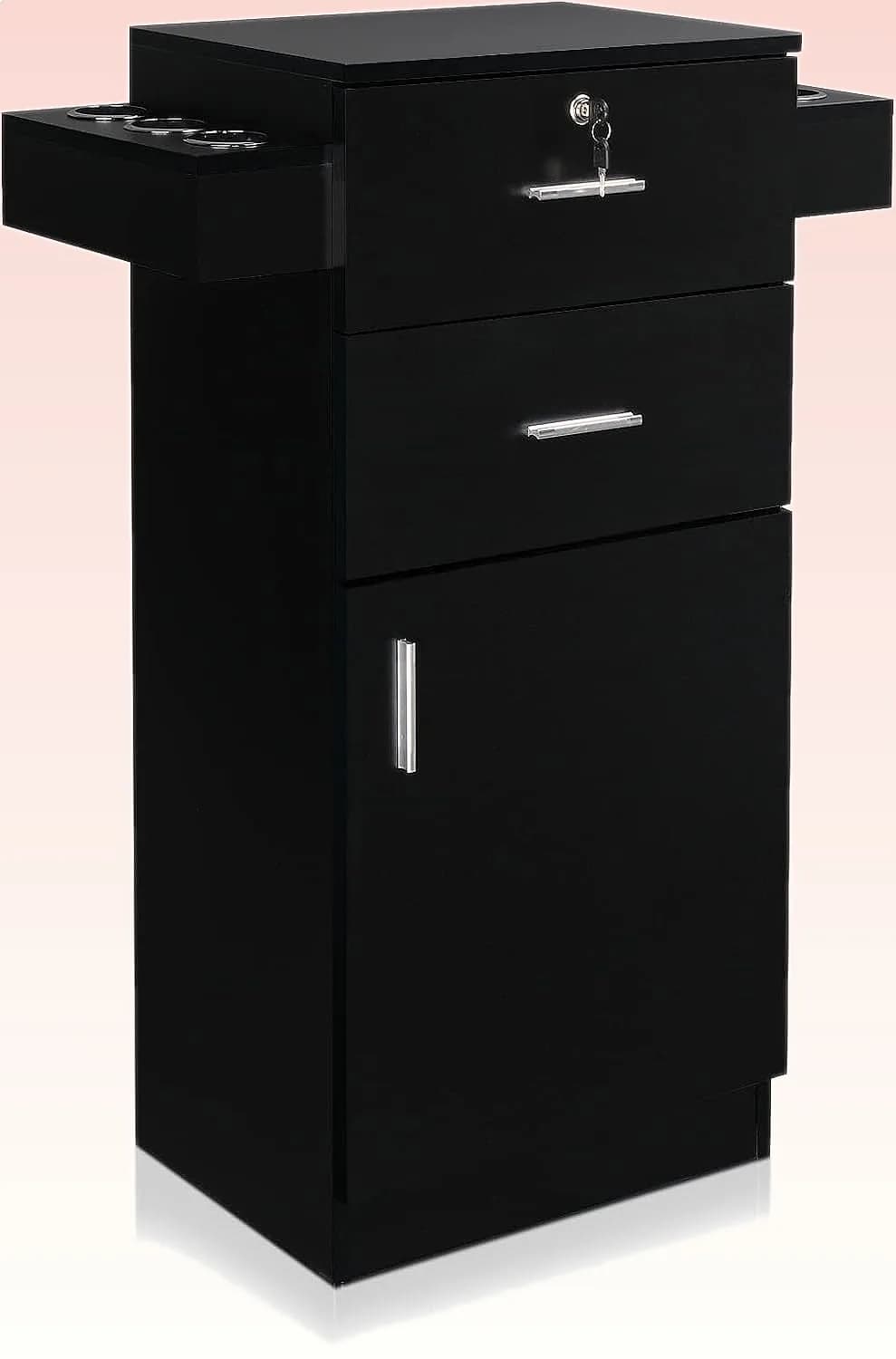 OmySalon Salon Station with Cabinet, 2 Drawers, 6 Hair Dryer Holders, Black