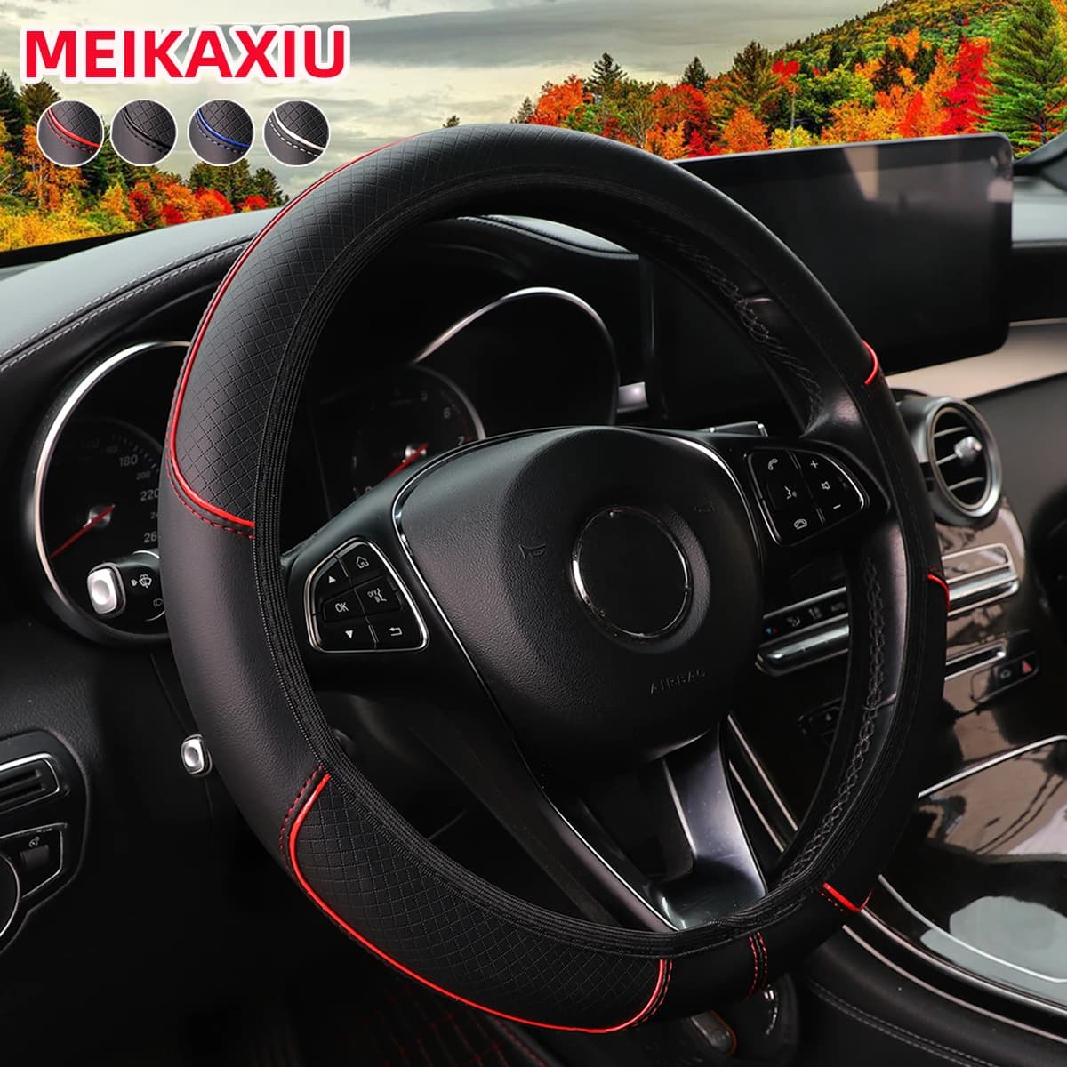 PU Check-Pattern Embossed Leather Trim for Car Non-Ring Steering Wheel Cover for Car Interior Accessories 37-38cm
