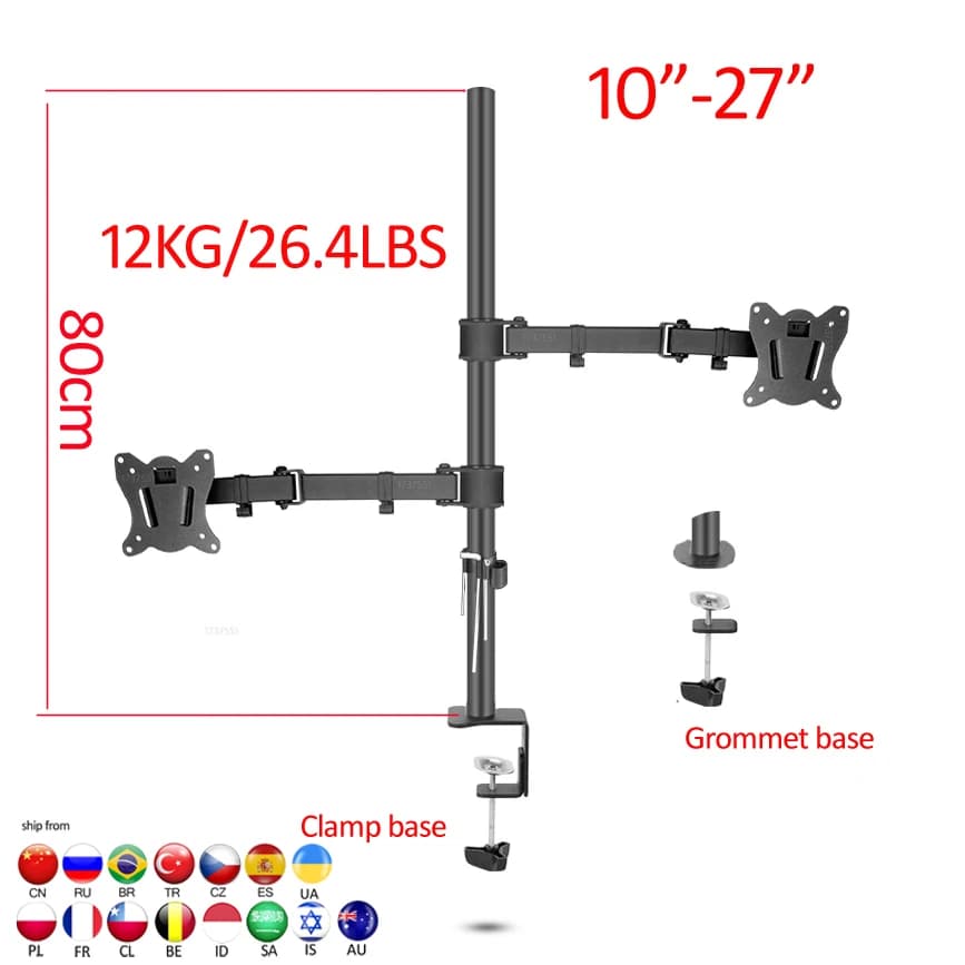 (80cm) DL-T902-280II Full Motion Dual Monitor Desktop Stand Holder 10'-27' Clamp Grommet Hole Base PC Mount Foldable Arm 12kg