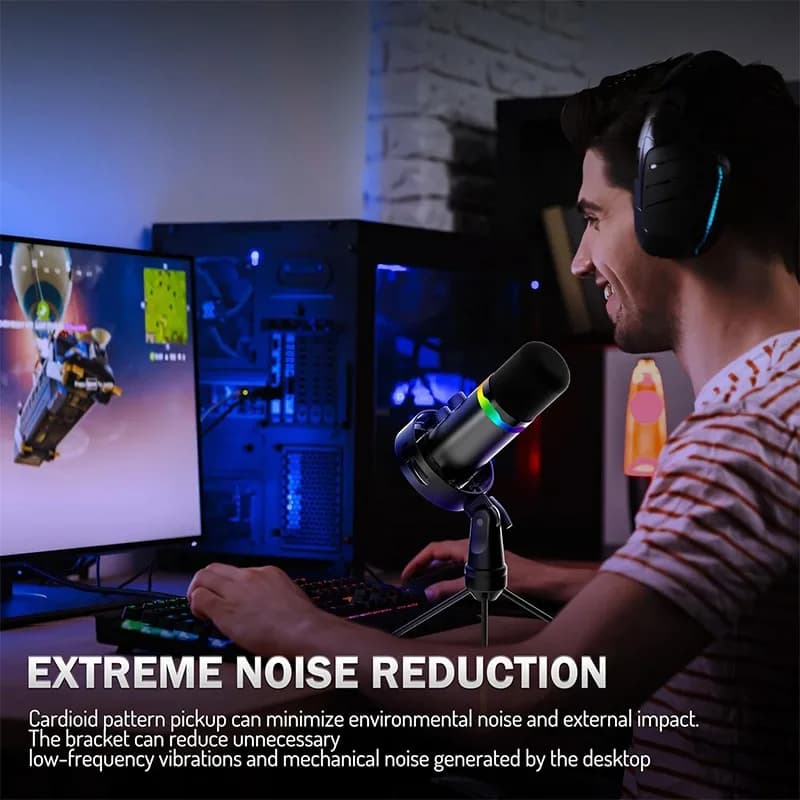 USB Gaming Microphone with Boom Arm Stand Noise Cancellation Condense RGB Microphone for Recording Monitoring Podcast Computer