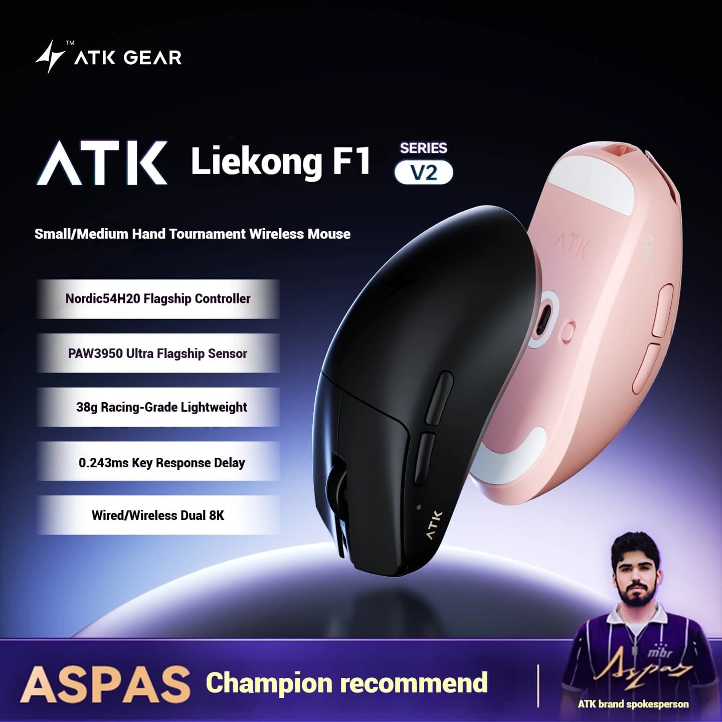 ATK Blazing Sky F1 V2 Ultimate Wireless Gaming Mouse Lightweight Ergonomic Esports PAW3950 Ultra Sensor 8000Hz Polling Rate
