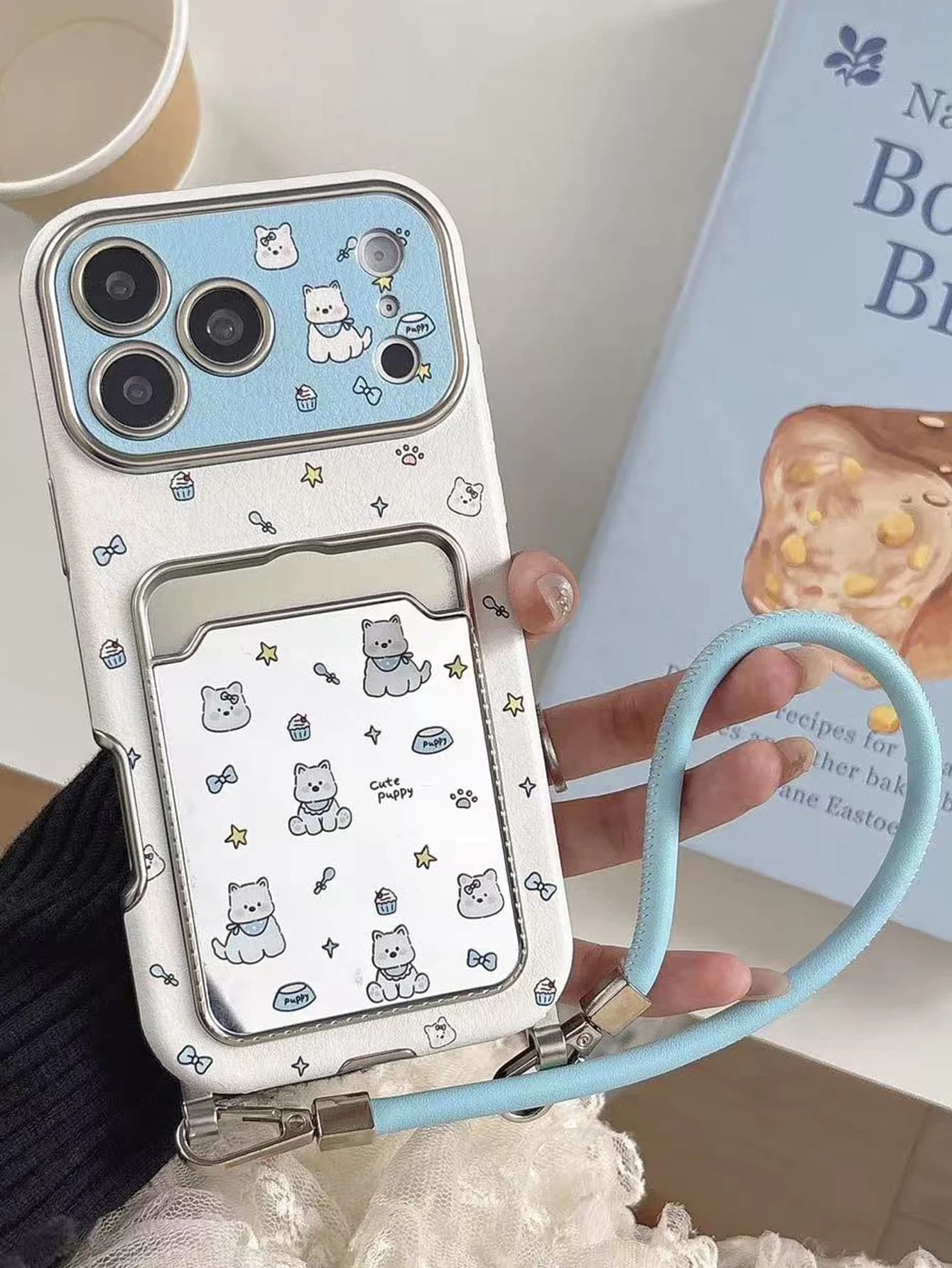 Cute Puppy Mirror Card Holder Phone Case With Wrist Strap For iPhone 16 15 14 13 12 11 Pro Max Kawaii Protective Cover