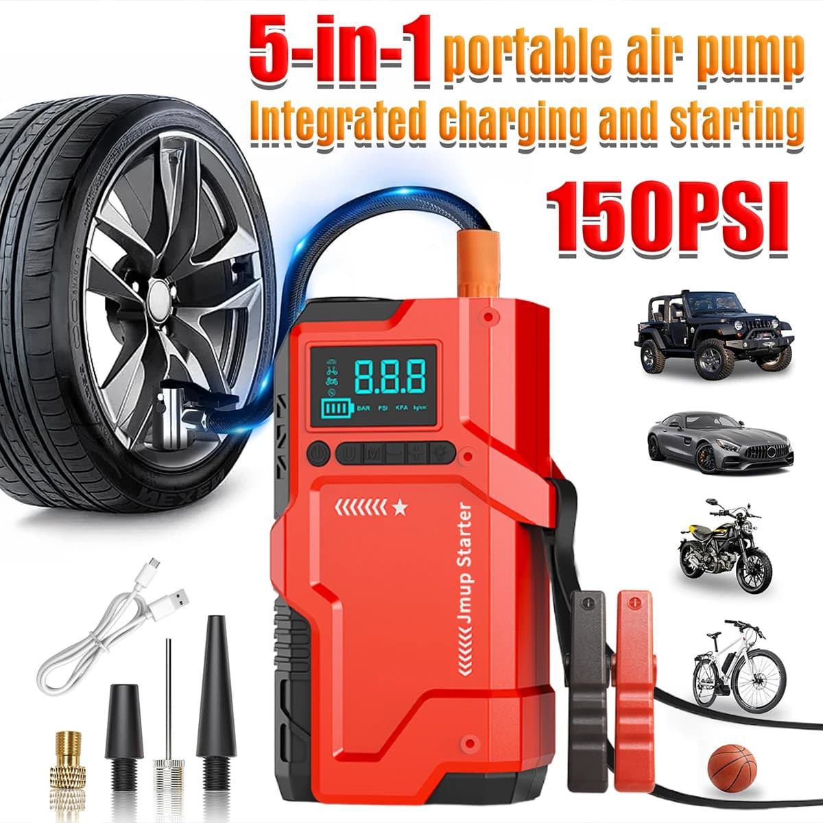 Multifunctional automatic tire inflator for cars (including tire pressure monitor, battery starter, and flashlight)