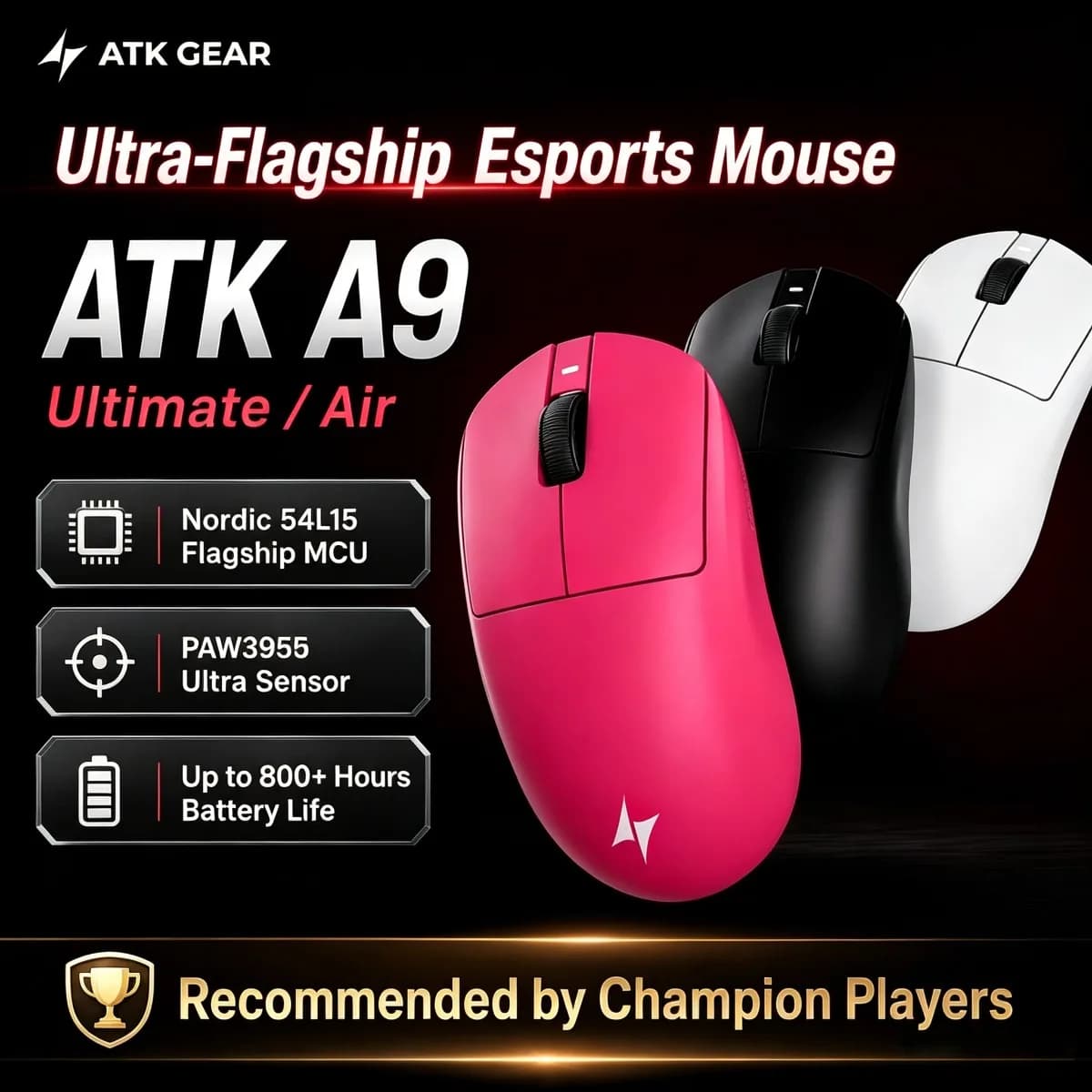 ATK Gaming Mouse DragonFly A9 Ultimate Air Wireless Mouse PAW3950 Ultra 42000DPI 750IPS 8KHz Ergonomic for Windows MacOs