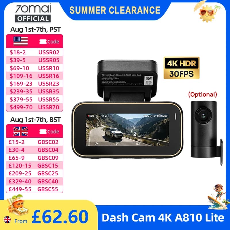 70mai Dash Cam A810 Lite 4K HDR + 1080P, Supercapacitor 4G LTE Remote Control Wi-Fi 6 GPS Voice Control Car DVR 70mai A810 Lite