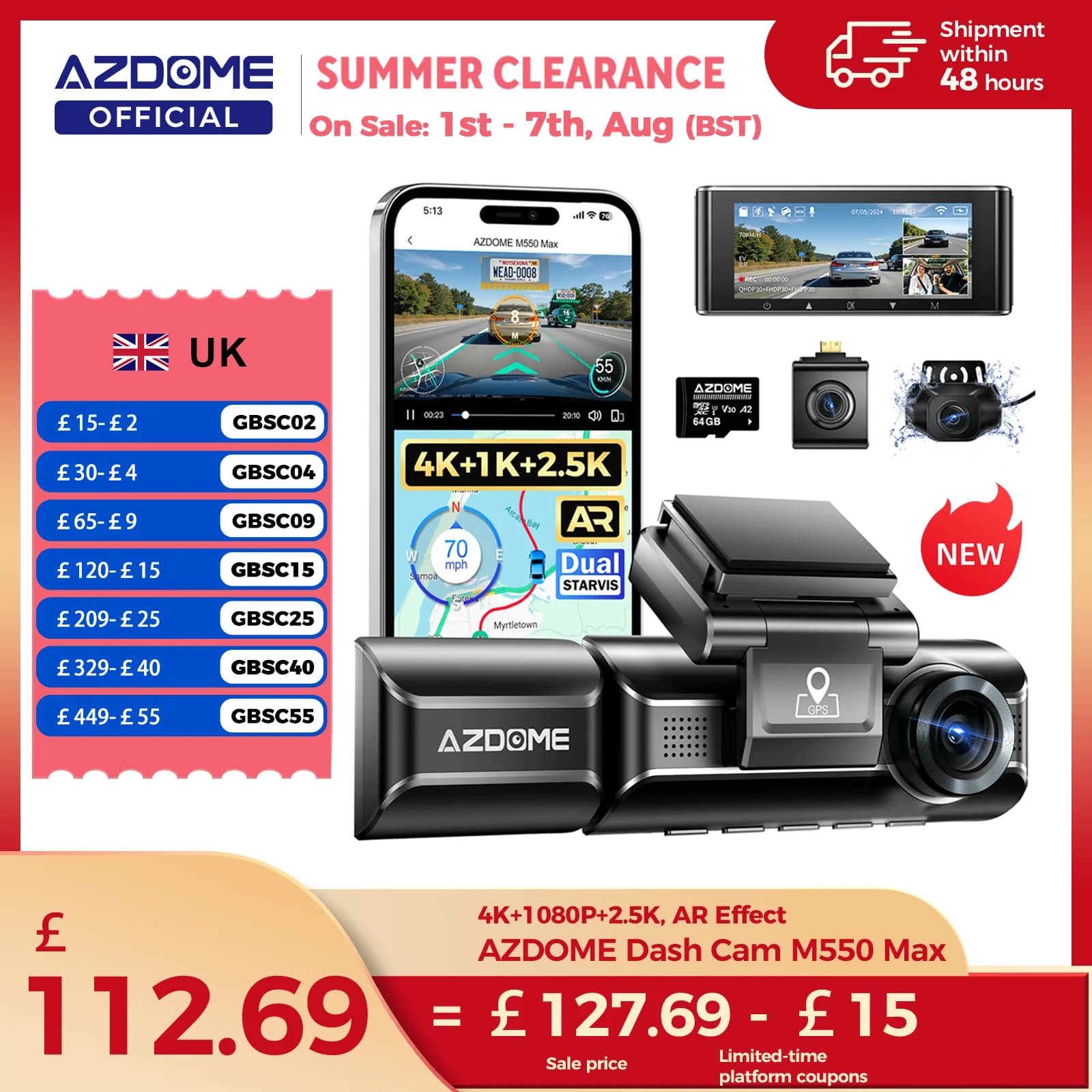 AZDOME M550 Max Dash Cam 4K+1K+2.5K Built-in GPS WiFi 150FOV Car Camera 24H Parking Monitor Night Vision Dash Cam For Cars
