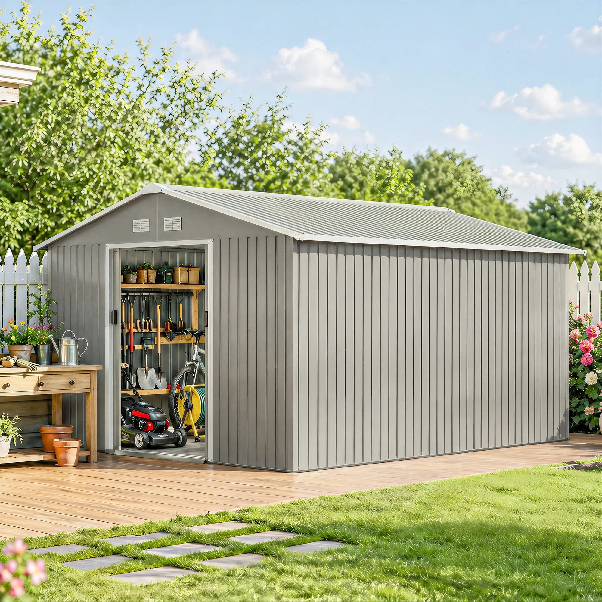 13' X 11' Steel Outdoor Utility Storage Tool Shed Kit for Backyard Garden, Gray