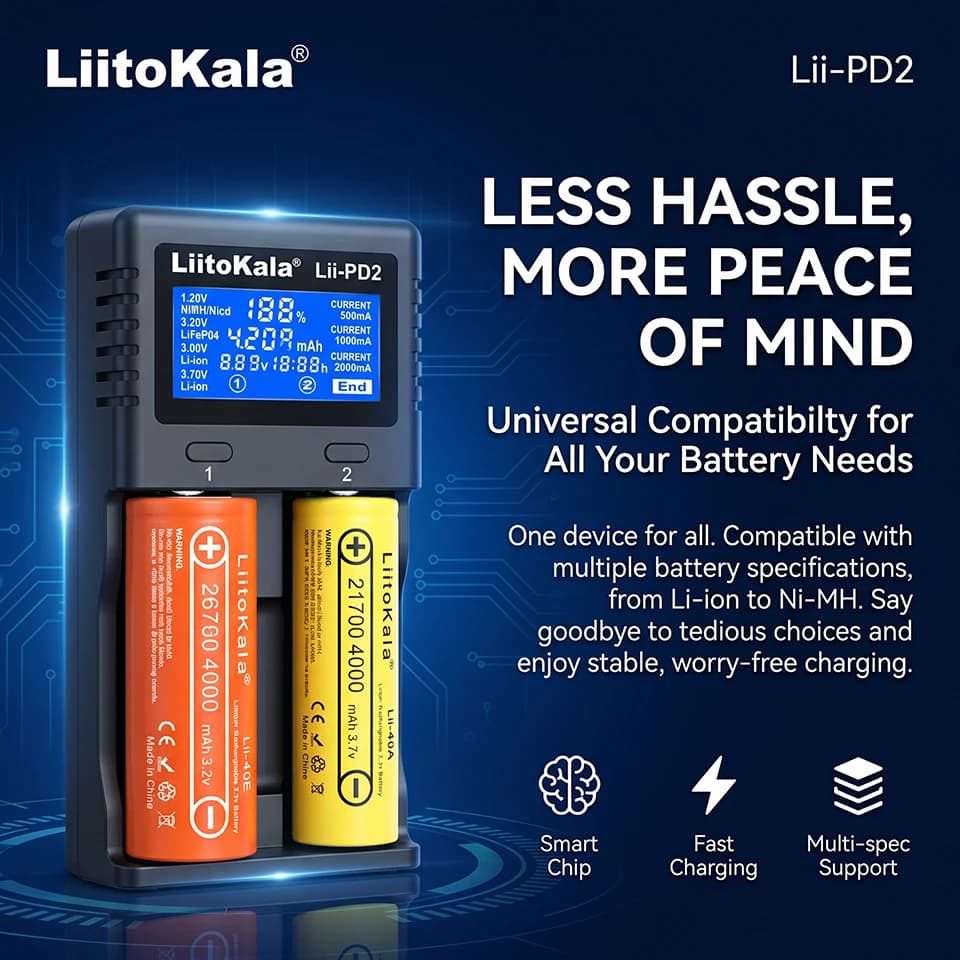 LiitoKala Lii-PD2 Universal Smart Charger 2 Slots LCD Display For 18650 26650 32700 Li-ion Flashlight Power Bank Household