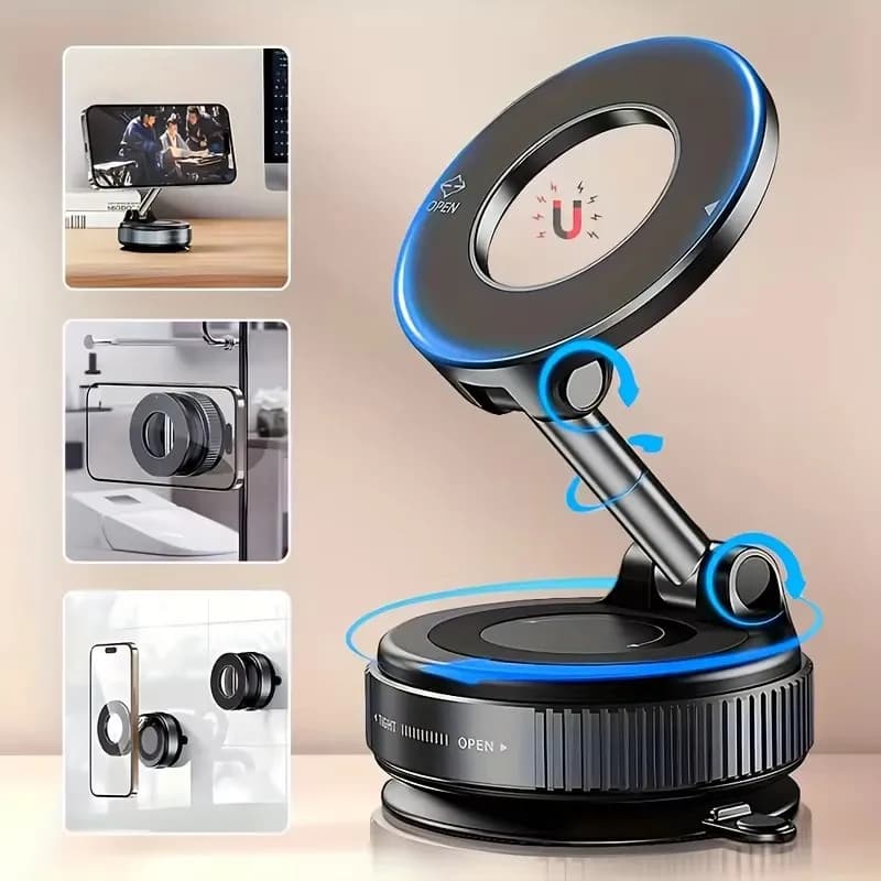 Strong Magnetic Car Phone Holder Foldable Magsafe Design 360° Adjustable Vacuum Mount for Car/Desk/Bathroom/Universal Use Metal