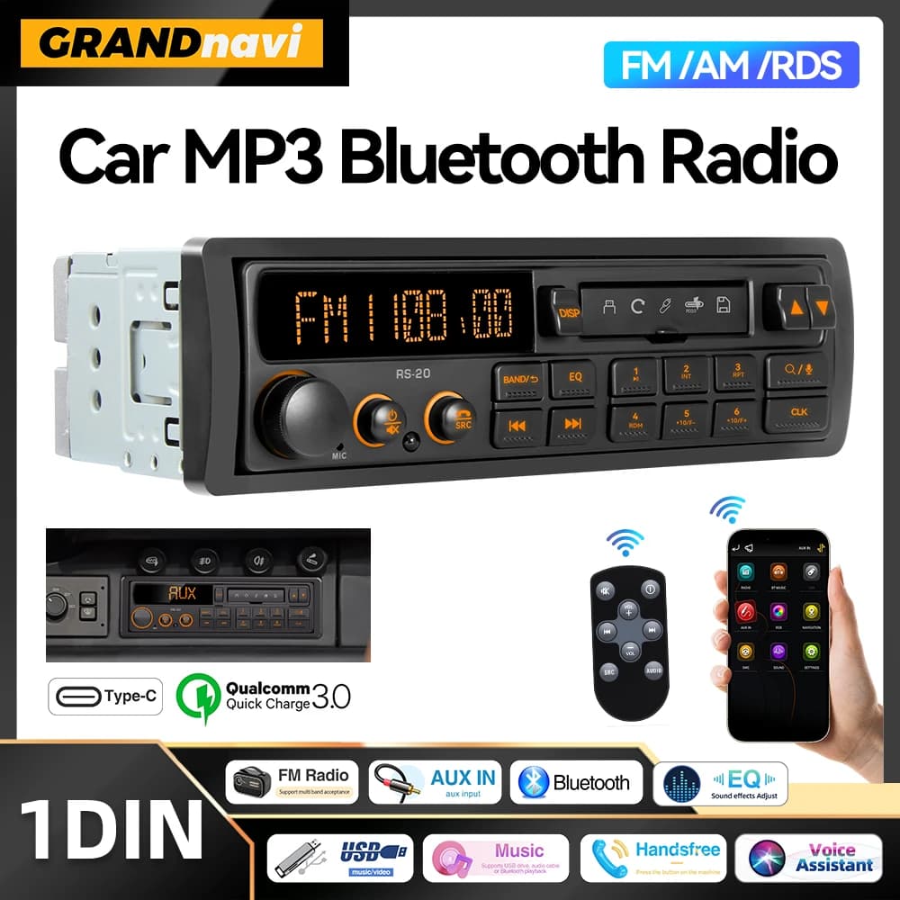 Retro MP3 Car Radio Player 1 DIN Stereo EQ FM AM RDS DAB Receiver QC3.0 Bluetooth USB AUX Input For VW Porsche Mercedes Benz BMW