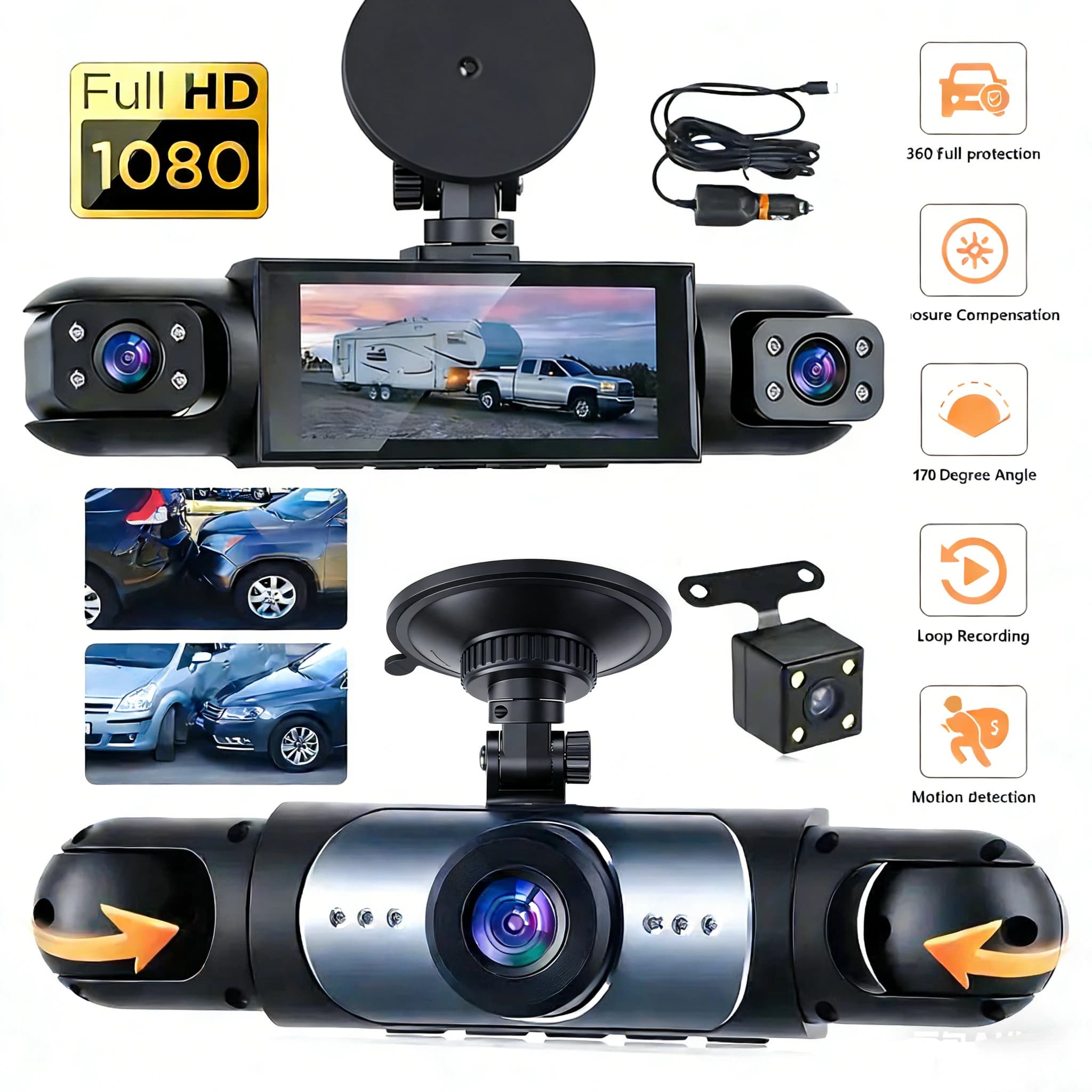 Dash Cam Vehicle DVR Video Recorder 4 Cameras for Cars Black Box Front Rear Internal Night Vision Loop Recording Dashcam Car 360