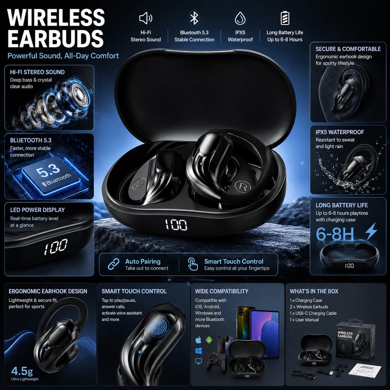 New Wireless Headphones Bluetooth 5.4 Earphones True with Mic Button Control Noise Reduction Sports Earhooks Waterproof Headset