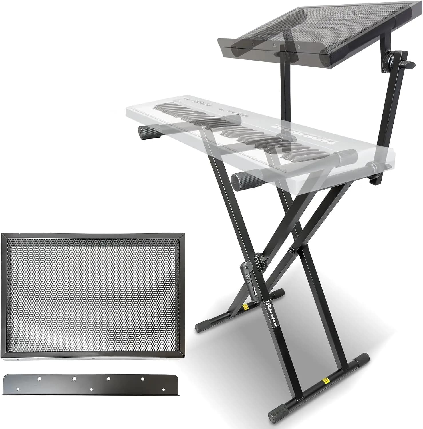 Dual Tier X Style Adjustable Piano Keyboard Stand, Heavy Duty Portable Two Layer Digital Electronic Organ Support Rack, Double Tier Synthesizer Laptop Sheet Music Display Holder, Black Set