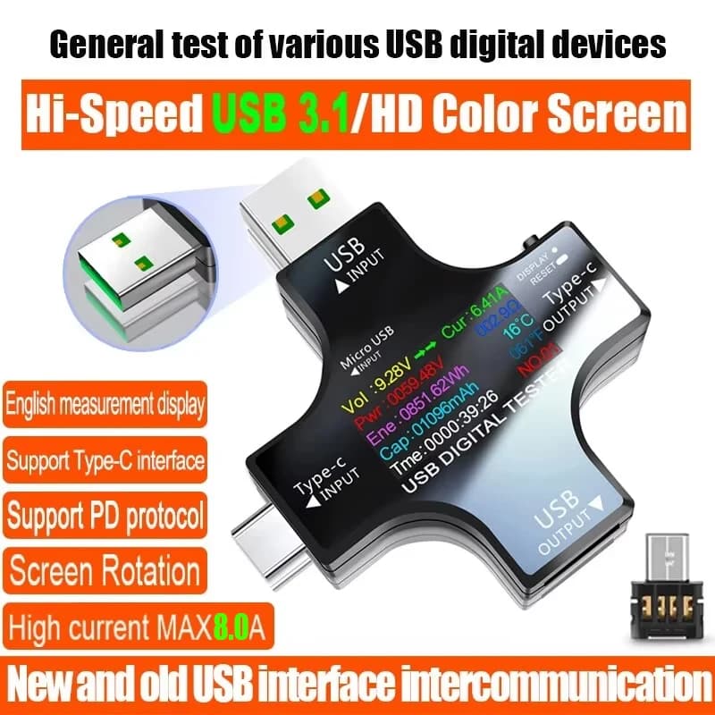 USB Tester DC Type-C PD Digital Voltmeter Amper Voltage Current Monitor Ammeter Detector Power Bank Charger Capacity Meter 8.0A