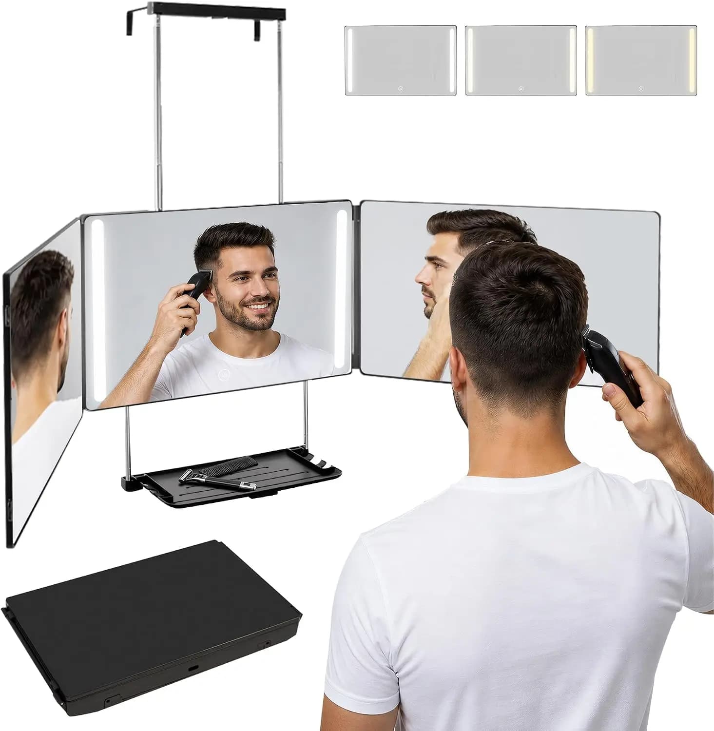 Folding 3 Way Mirror with Lights and Shelf 360 Self Cut Mirror for Self Haircut Rechargeable Dimmable LED Adjustable Hook for Wall Door Tabletop for Men Women Makeup Shaving Braiding for Haircut Makeup Shaving Braiding