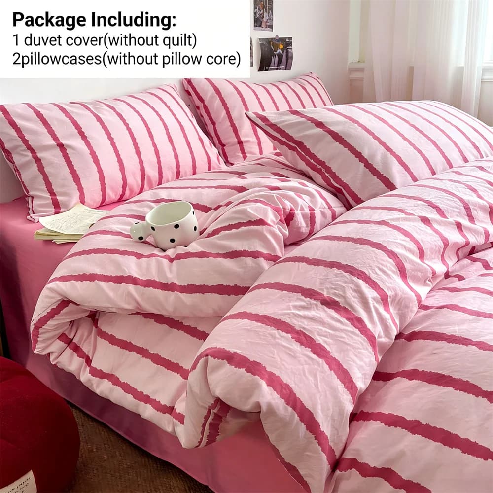 3pcs Simple Pink Striped Duvet Cover Set with 2 Pillowcases Soft Washed Cotton Bedding Set For Girls 150x200cm Bedroom Decor