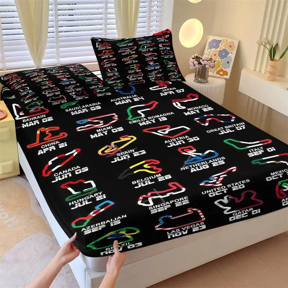3Pcs Racing Track Bedding Set 2024 Schedule Fitted Sheet Set Sports Car Theme Bed Sheets Set Soft Room Decor For Fans
