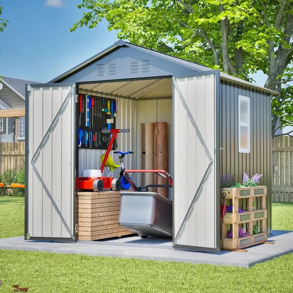 6x6 Galvanized Steel Outdoor Storage Shed with Lockable Door, Sloping Roof, and Clear Window for Garden Tools, Backyard, Patio,