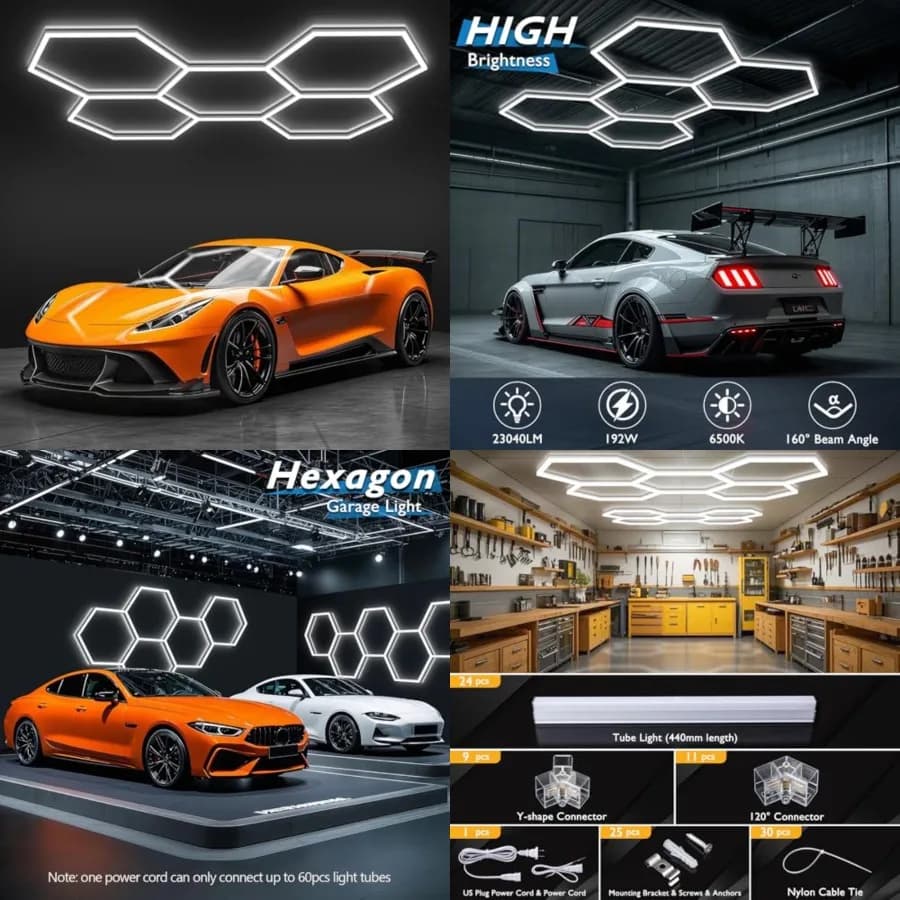 Hexagon Garage Lights, LED Honeycomb Lights Ceiling, 192W, 23040LM, 6500K Super Bright, 5 Grid Systems Car Detailing Light for