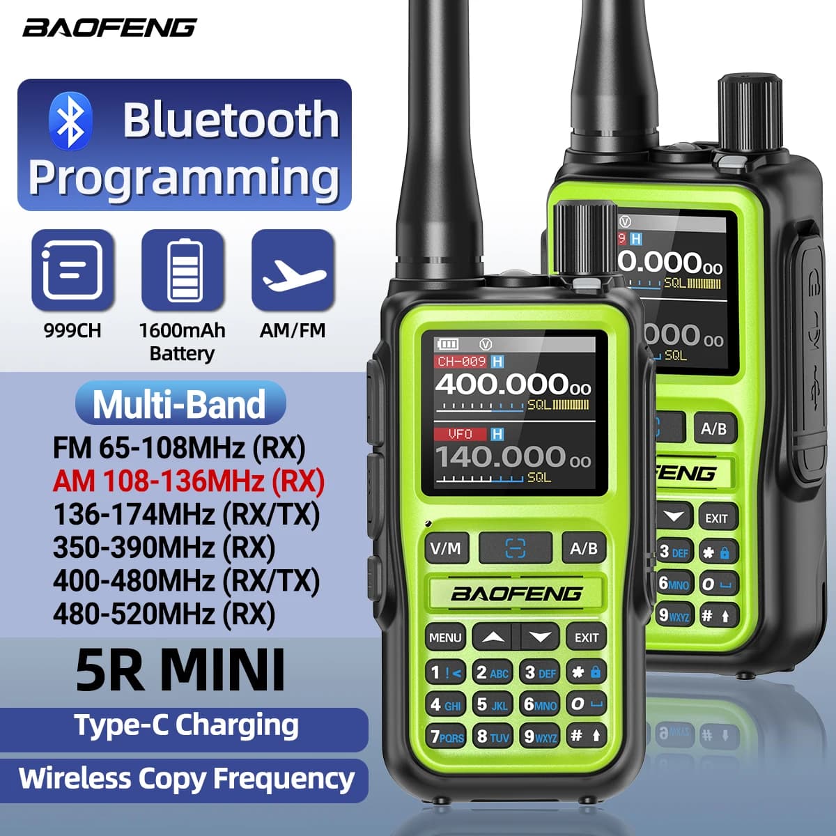 BAOFENG UV-5R Mini Walkie Talkie Multi Band Bluetooth Programming Wireless Copy Frequency 999CH Type-C Long Range Two Way Radio
