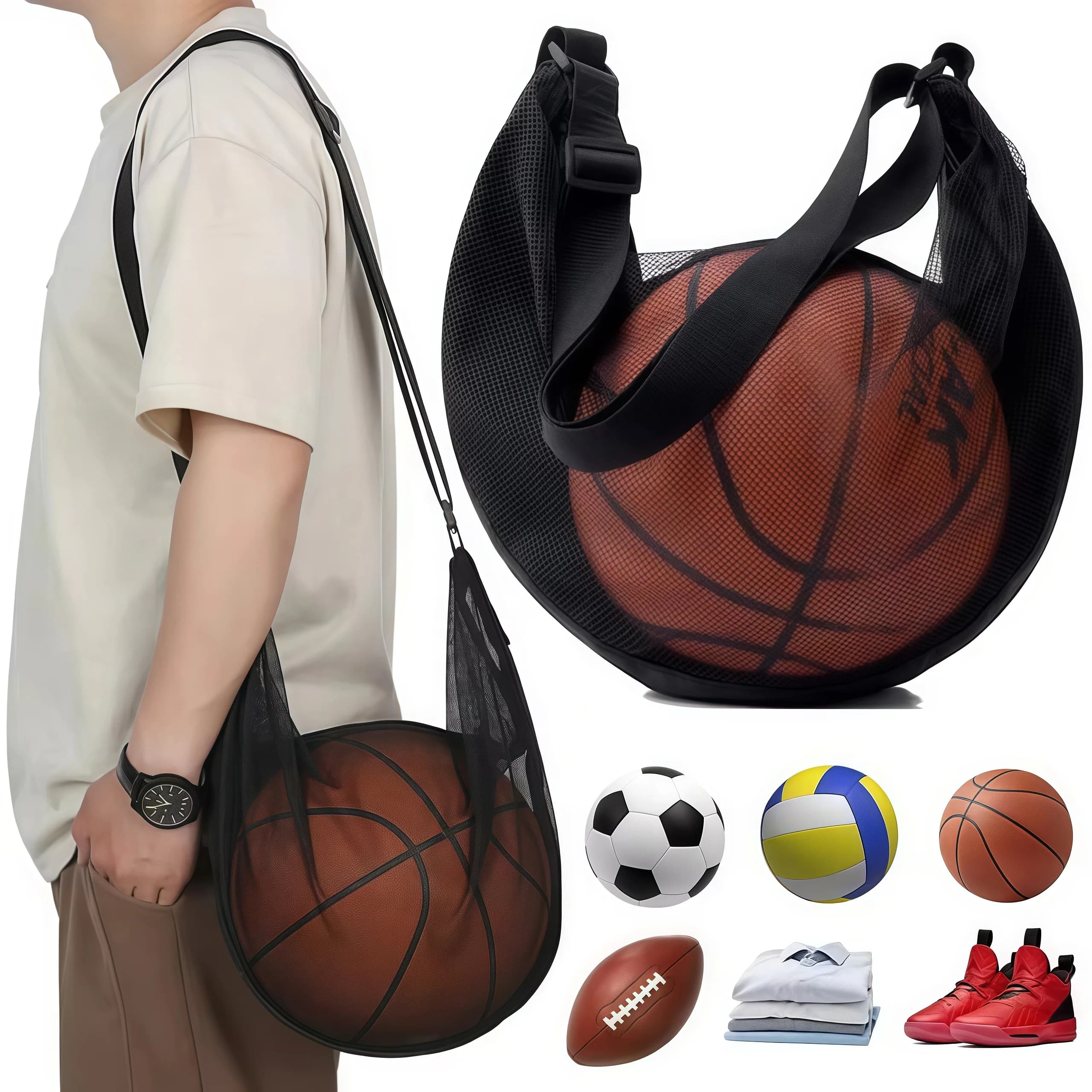 Anti tear storage mesh bag, suitable for basketball, football, volleyball, sneakers, with adjustable shoulder straps and zipper