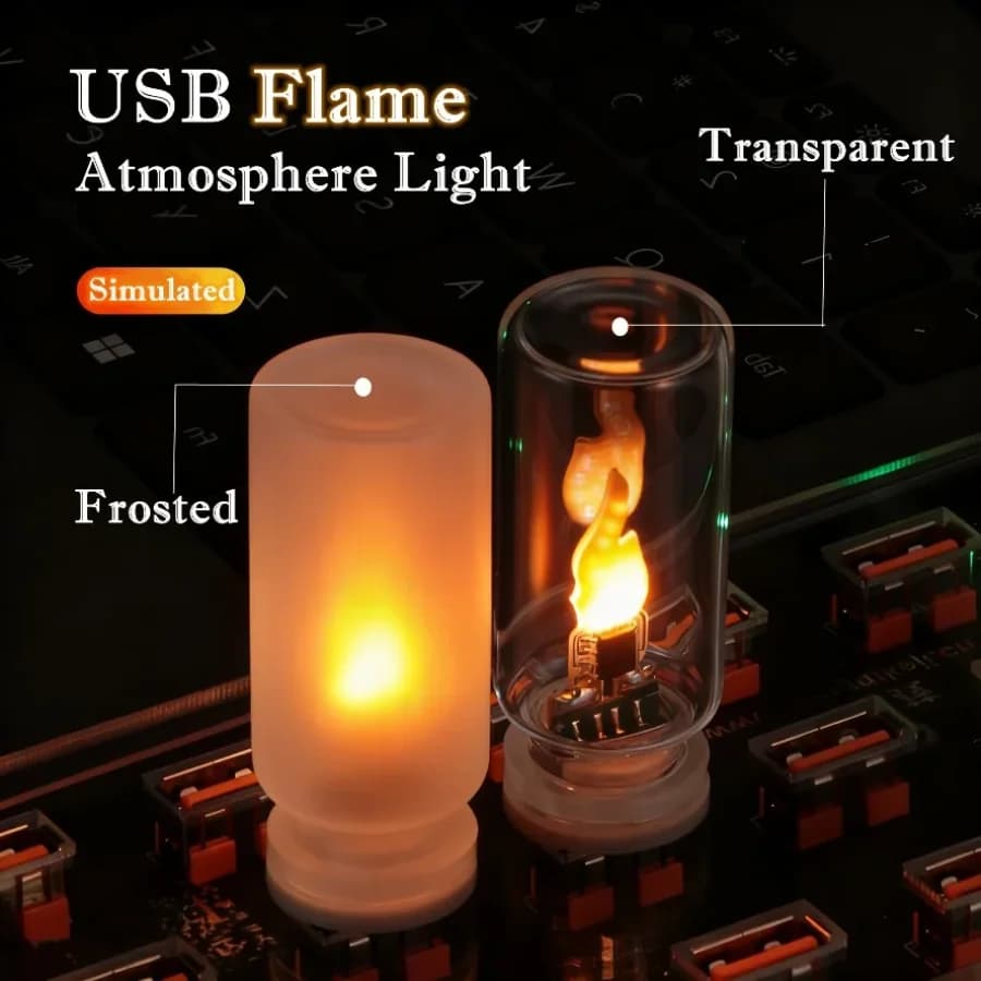 USB Flame Flickering LED Frosted Clear Glass Candle Night Light Simulated Flame for Car Home Room Laptop PC Festival Decoration