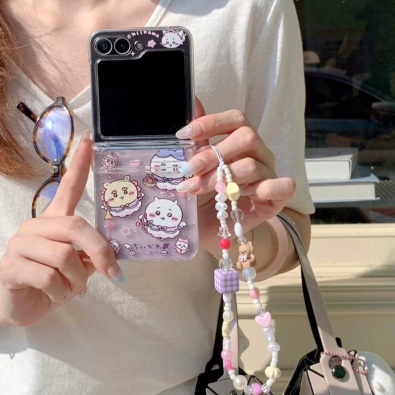 Cute Cartoon Anime Chiikawa Usagi Hachiware Card Wallet Pocket Phone Case For Samsung Galaxy Z Flip 7 6 5 4 3 Cover With Lanyard