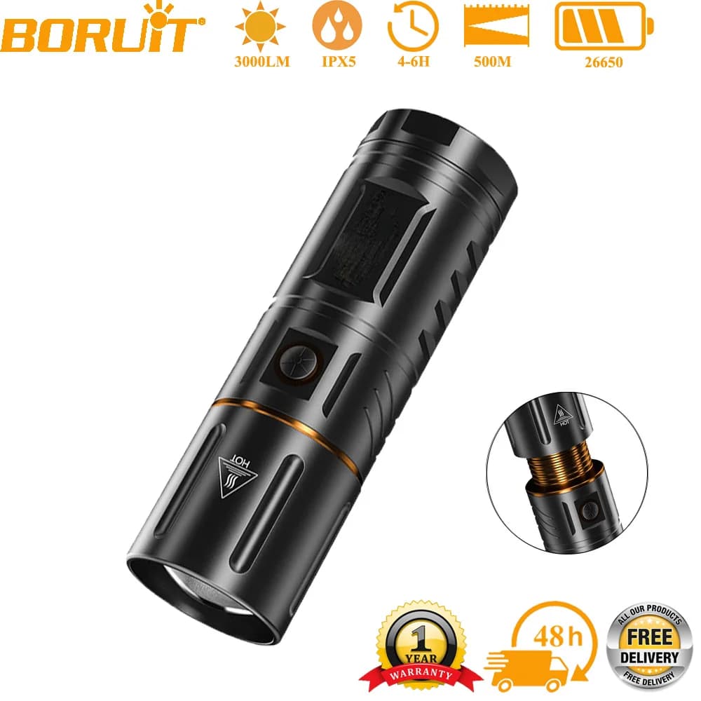 BORUiT Ultra Bright 3000LM LED Flashlight 26650 Zoom Torch 5000mAH USB Rechargeable Handheld Flashlight Camping Fishing Lantern
