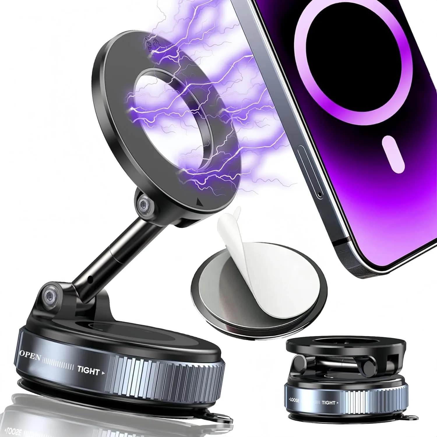 Upgraded Foldable Magnetic Car Phone Holder – N52 Magnet for Ultra-Strong Hold, 360° Rotatable, Dashboard Suction Cup, ABS